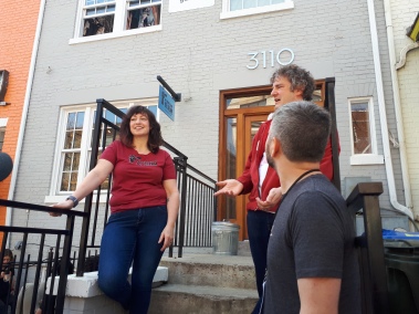 Melissa Quinley and Brian Lowit chat with the DC Punk Walking Tour outside of Mt. Desert Island Ice Cream, 04.06.19. Sorry about my massive head, Brian. (Marton Berki Photo)